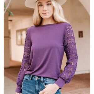 AMARYLLIS Crochet Lace Long Sleeve Blouse Pullover Crewneck Purple Plus Size 1XL
